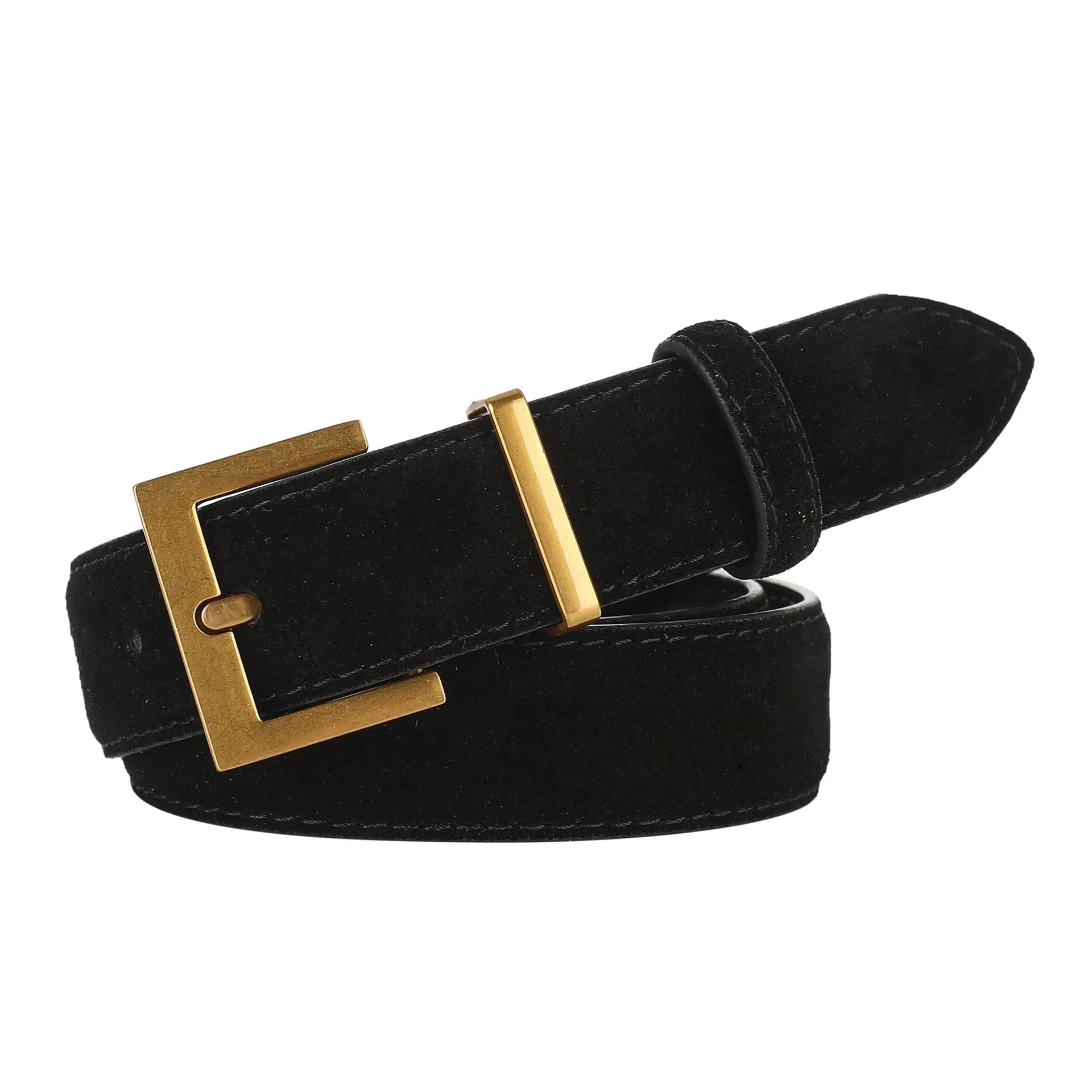 Ladies' black leather belt with silver alloy quadrilateral pin buckle on trousers