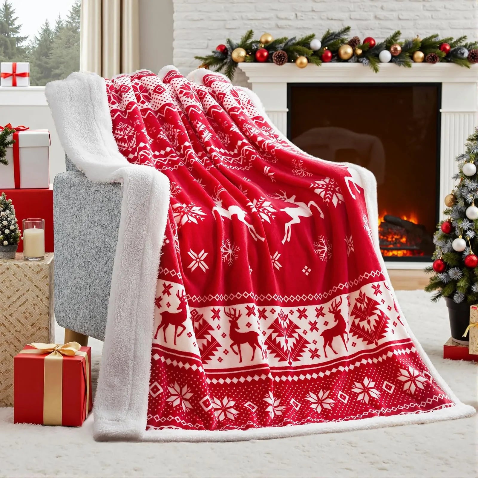 Soft plush Christmas blanket in polyester fibre showing colour options and size dimensions.