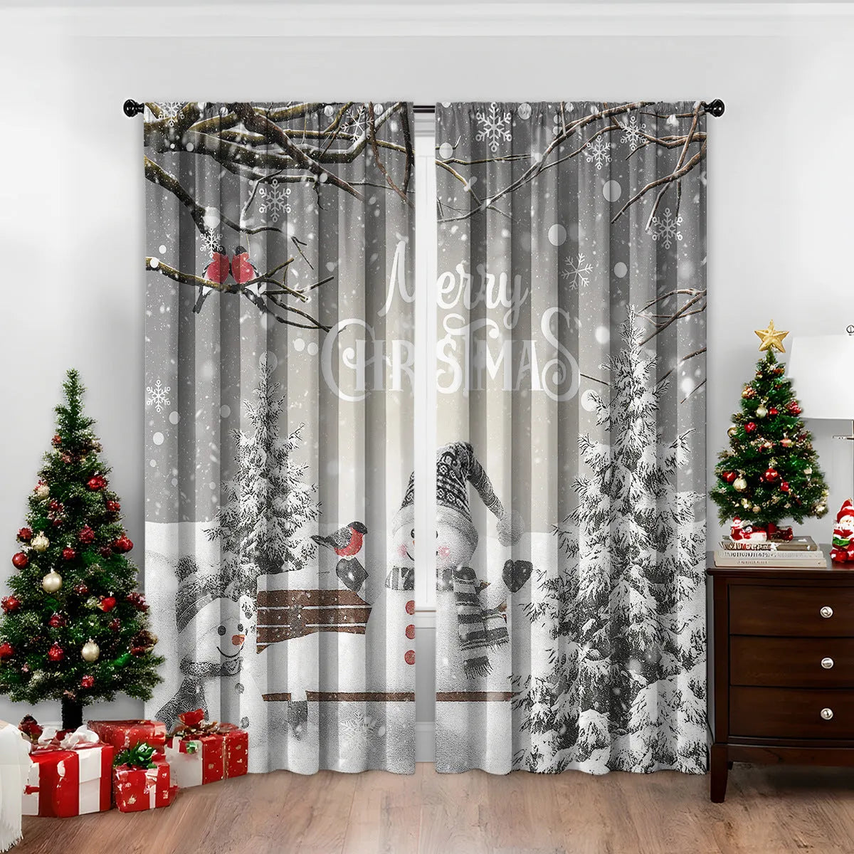 3D digitally printed Christmas curtain with modern simplicity design showing festive imagery