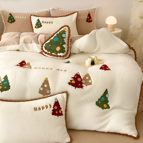 Bright yellow fleece-lined four-piece bedding set with cartoon Christmas tree pattern and embroidery detail