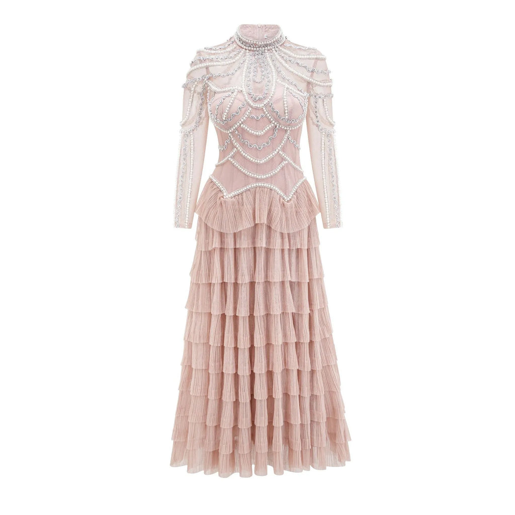 Women's long sleeve beaded polyester dress in black or pink with mid waist design