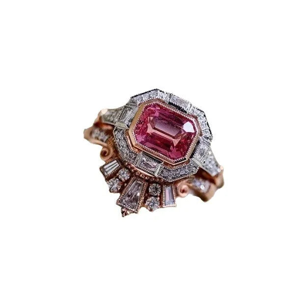 Rose gold retro style women's fashion ring with geometric ruby design in alloy material