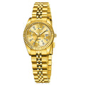 Women's waterproof quartz fashion watch with a 10mm thick case in a gold and black colour variant.