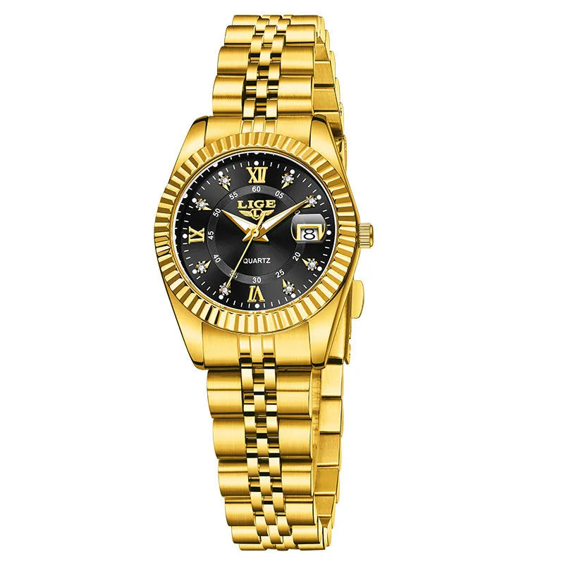 Women's waterproof quartz fashion watch with a 10mm thick case in a gold and black colour variant.