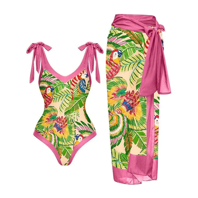 Women's solid colour one-piece swimsuit with spaghetti straps and matching skirt set