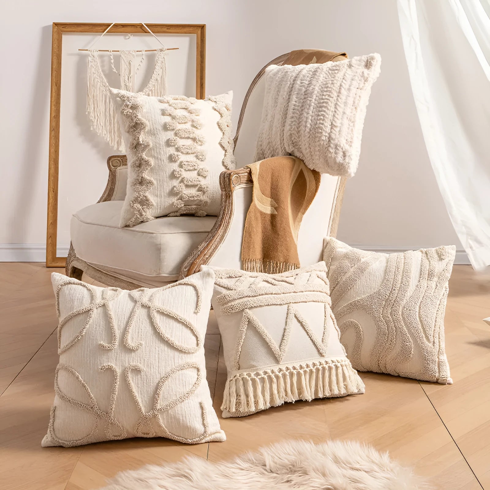 Decorative knitted sofa cushion cover with tassel trim in a choice of six patterns and two sizes.