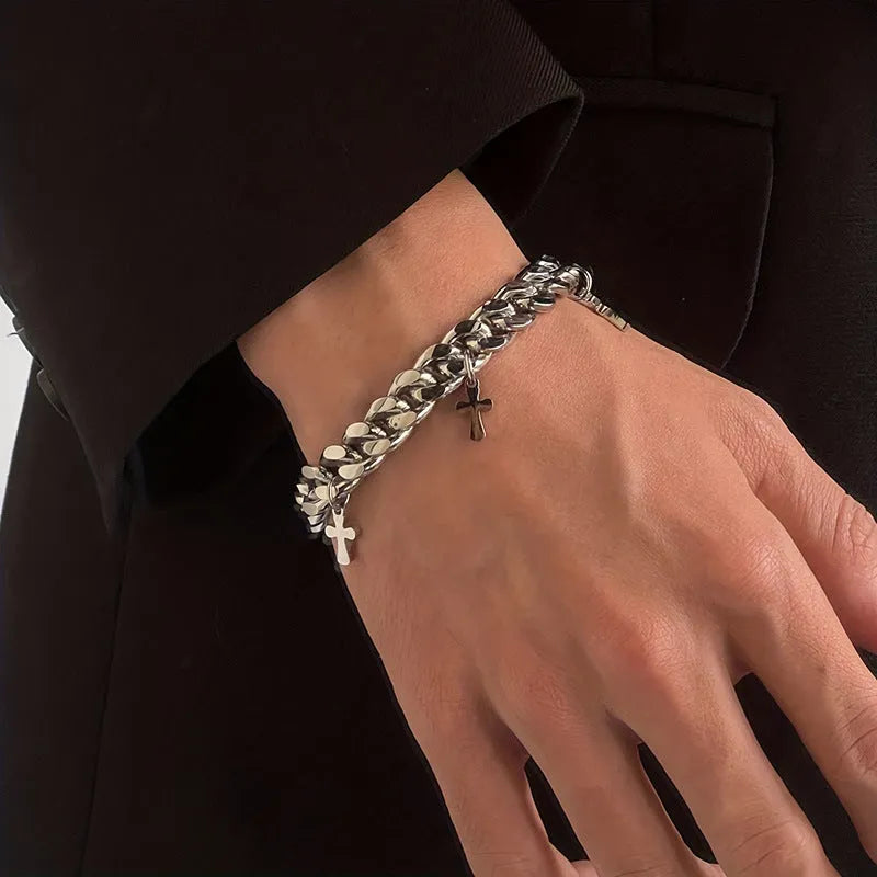 Men's geometric titanium steel cross bracelet with cold wind style design on wrist