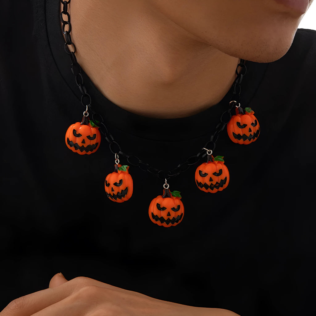 Halloween necklace with acrylic ghost and pumpkin cartoon pendant in mixed colour 06705 on regular chain