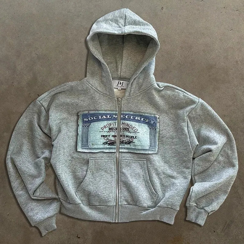 A black loose-fitting zip-up hoodie jacket for men and women with front zipper pockets.
