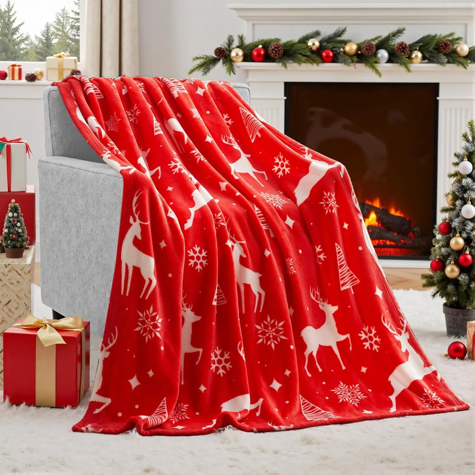 Soft plush Christmas blanket in polyester fibre showing colour options and size dimensions.