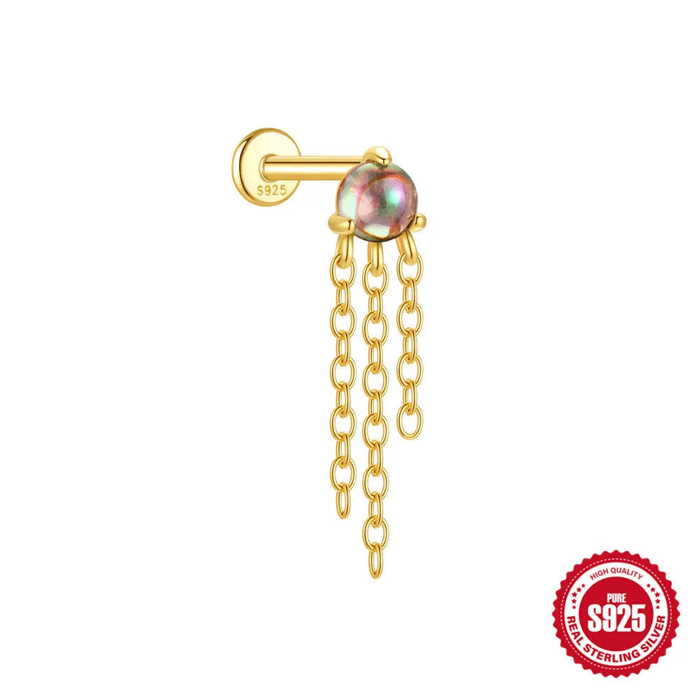 S925 sterling silver piercing earrings with super shiny rainbow stone and flat head thread in gold colour