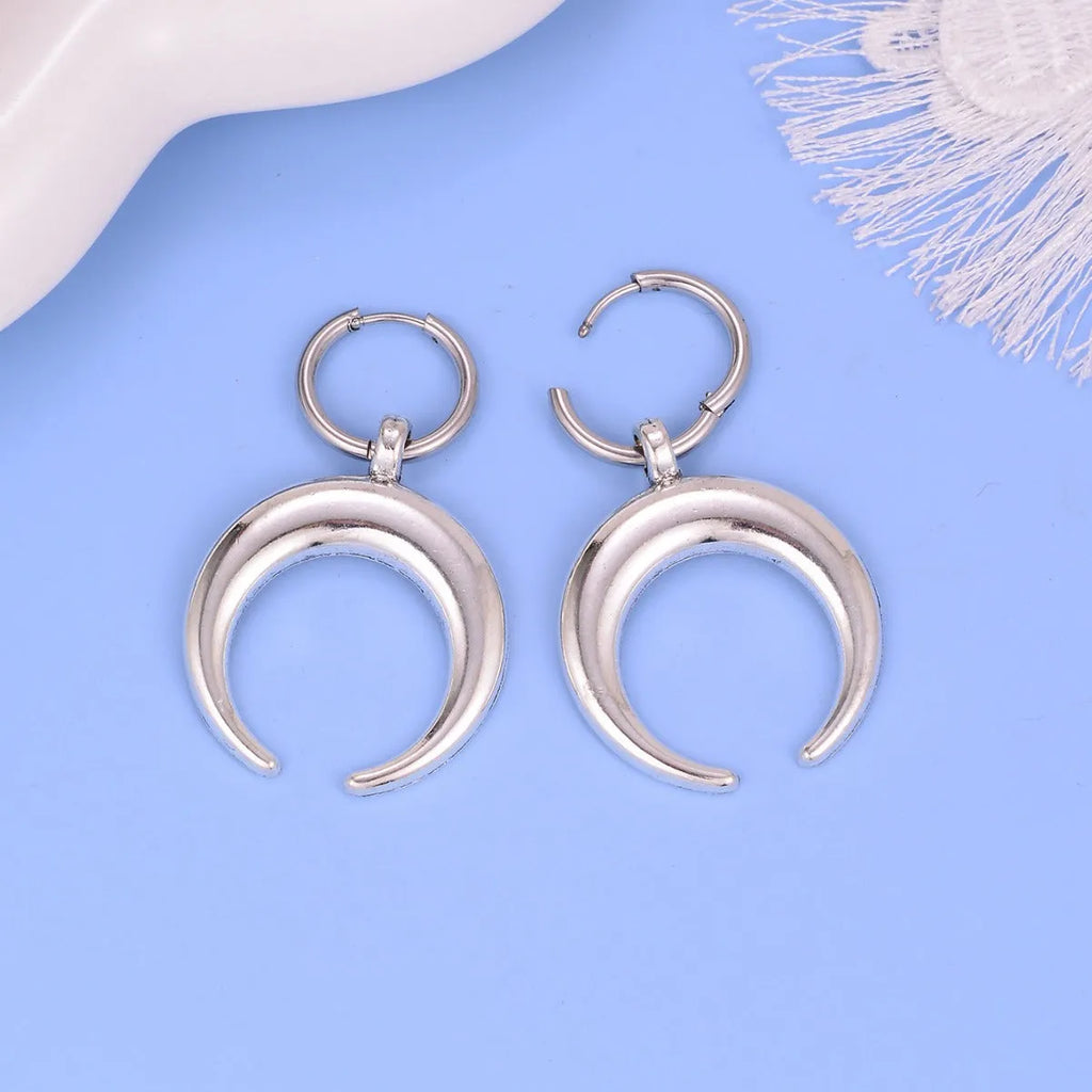 Silver alloy gothic moon big hoop earrings with geometric shape and ear clip design