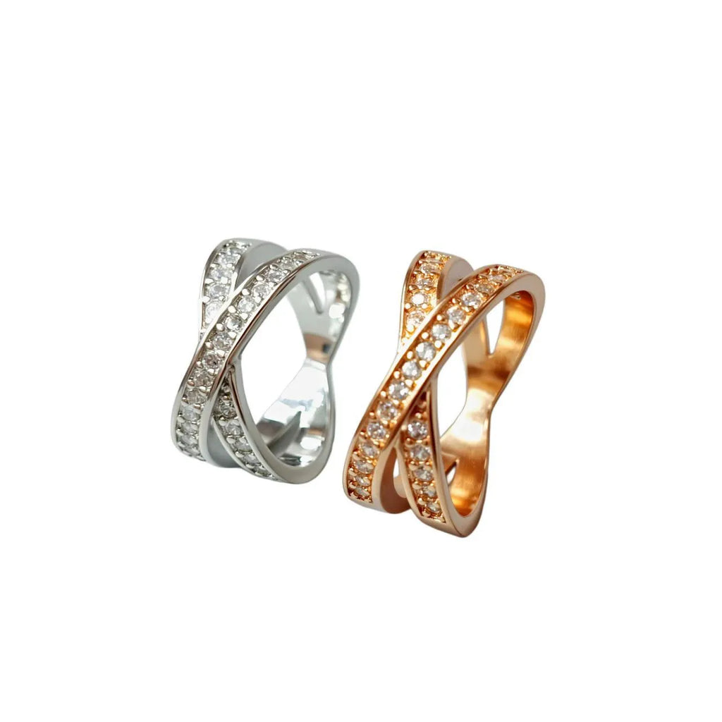 Copper cross ring with micro-inlaid zircon detailing in silver or rose gold electroplating