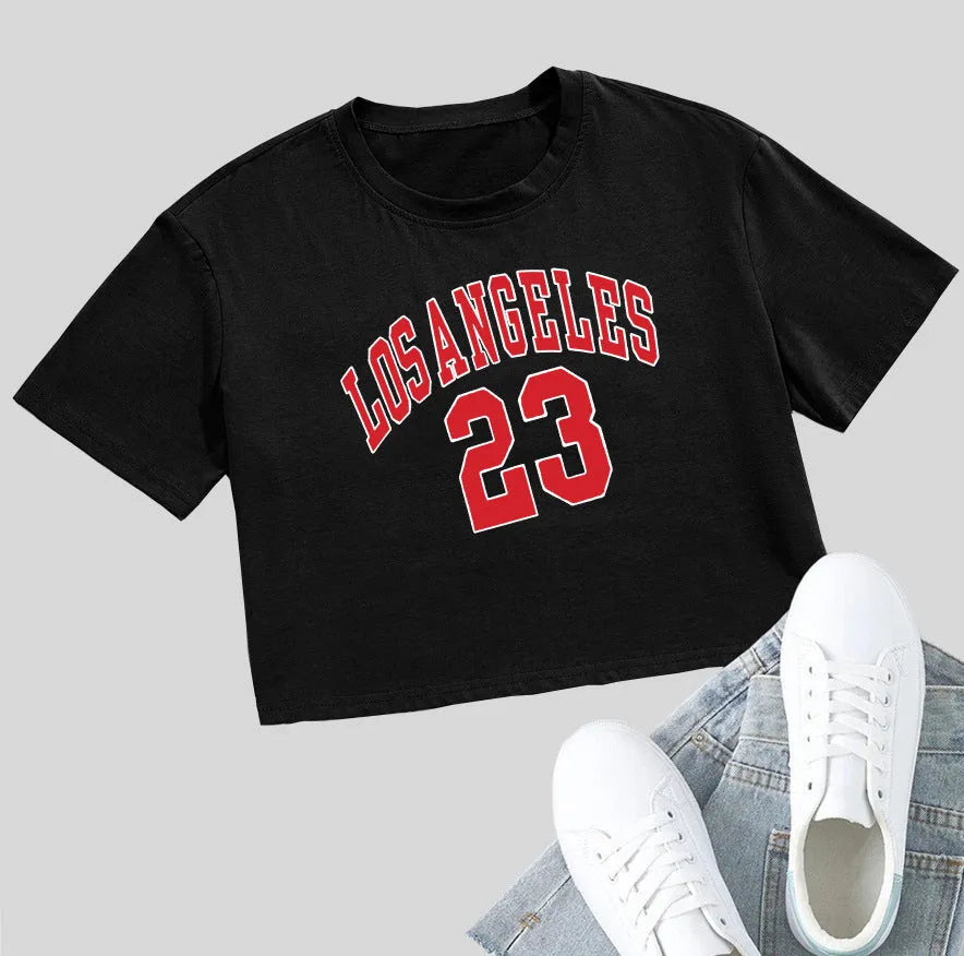 Women's personalised cotton T-shirt with English letters and navel-exposing summer design in black or white