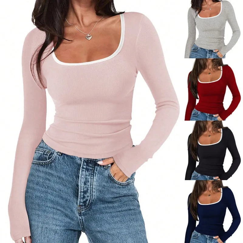 Women's slim fit cotton top with square collar and long sleeves in navy blue colour
