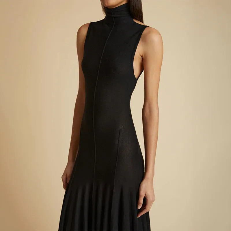 Grey slim-fit women's dress with half turtleneck neckline and backless design