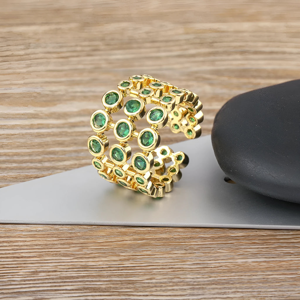 Men's wide copper ring with 18K gold plating and green zircon decoration