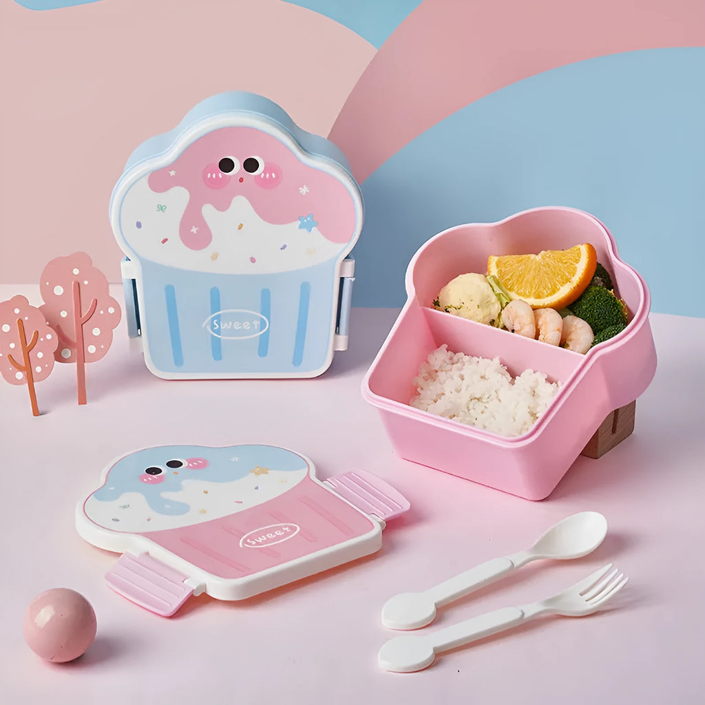 Pink and blue cartoon-style ice cream shaped plastic lunch boxes with spoons and forks.