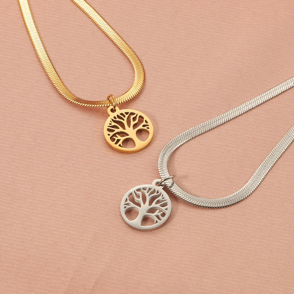 Stainless steel lucky tree necklace with U-shaped pendant on an adjustable snake bone chain.