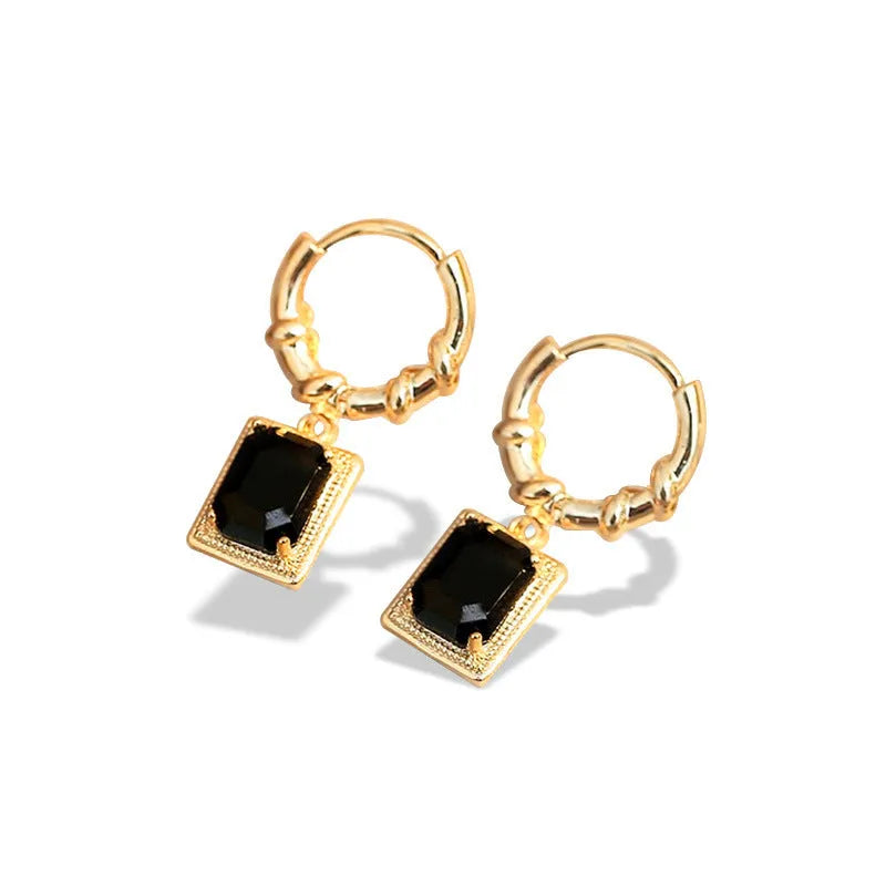 Black geometric copper drop earrings with quadrilateral French court retro design