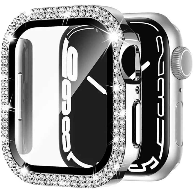 Apple Watch case with double diamond glass screen protector in rose pink colour on a 44mm watch.