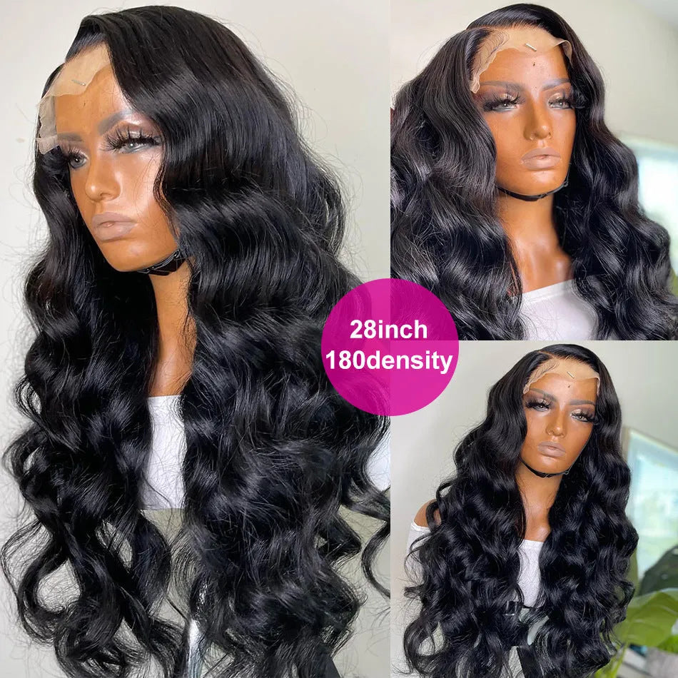 Black long curly synthetic wig with side bangs and front lace construction