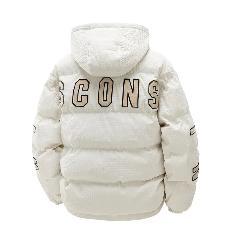 Men's black cotton-padded hooded winter coat with white letter-print design, Korean cardigan style with side pockets