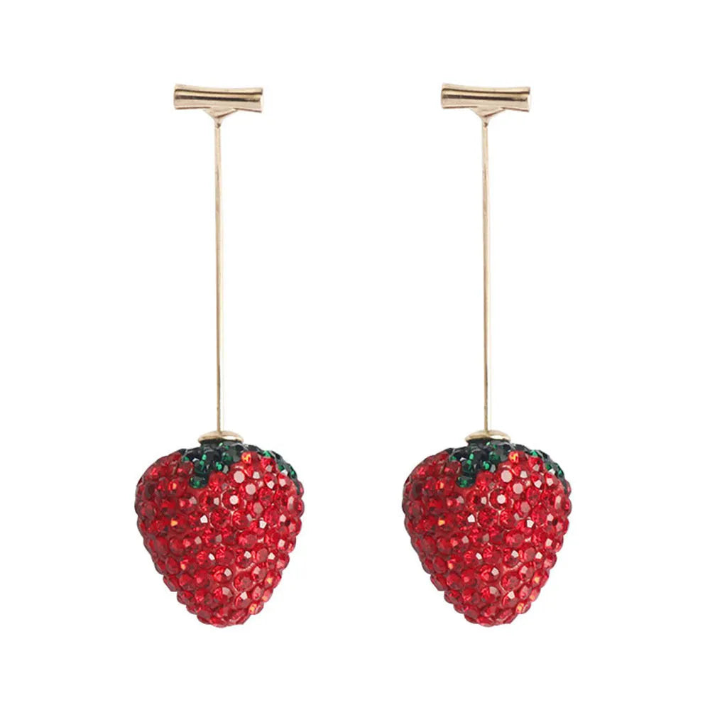 Geometric strawberry-shaped drop earrings for women in red zinc alloy.