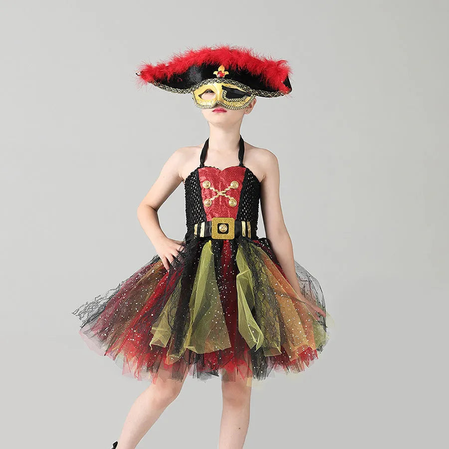Pirates of the Caribbean inspired sleeveless dress costume for girls with sequin and mesh detailing.