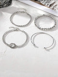 Women's geometric retro four-piece bracelet set with square diamond motifs in gold alloy