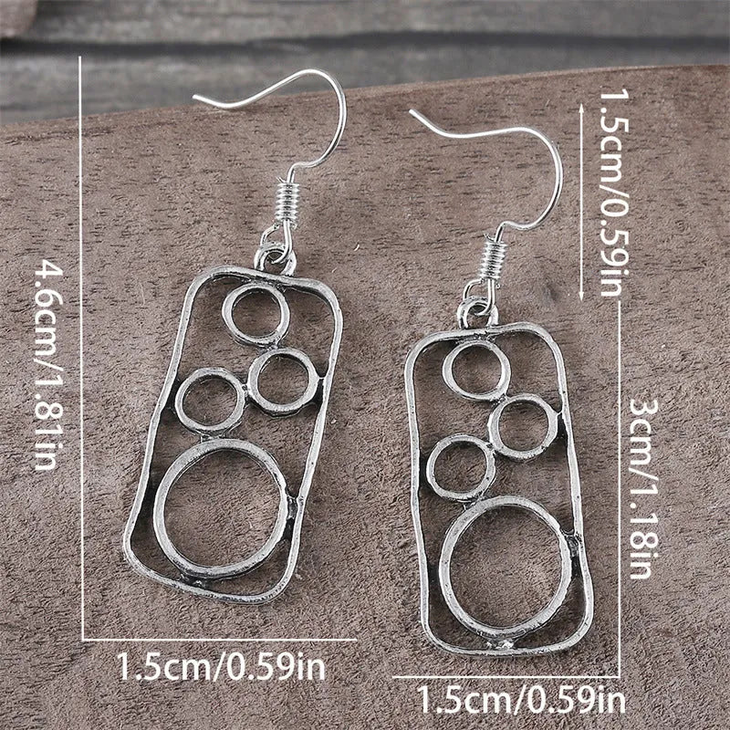 Round ring geometric earrings with irregular square design in antique silver finish
