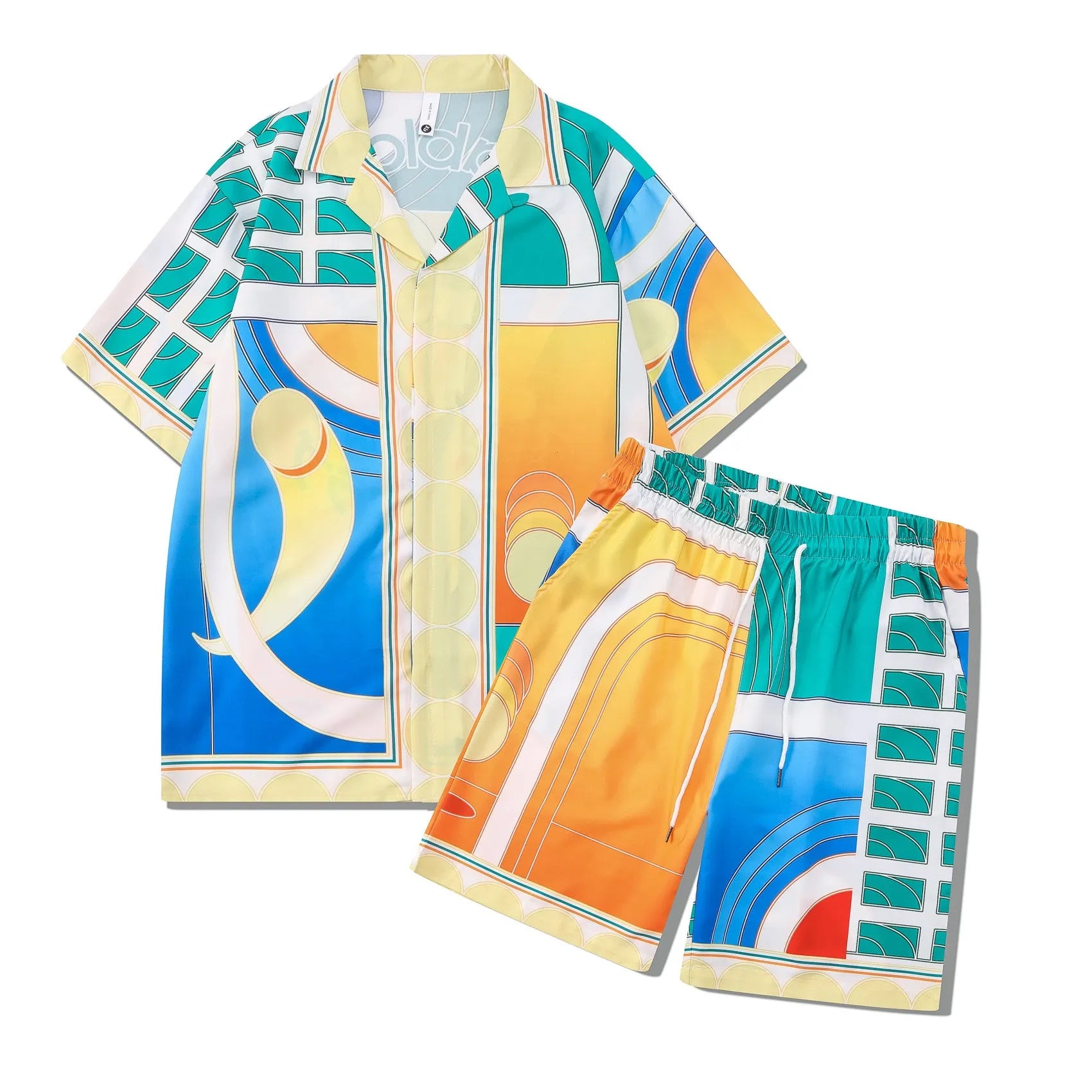 Plaid patterned beach shirt and trouser outfit set for men and women on a mannequin