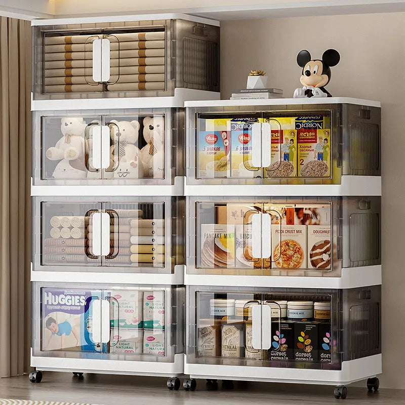 Foldable polypropylene storage locker with wheels in white or grey, showing single door design