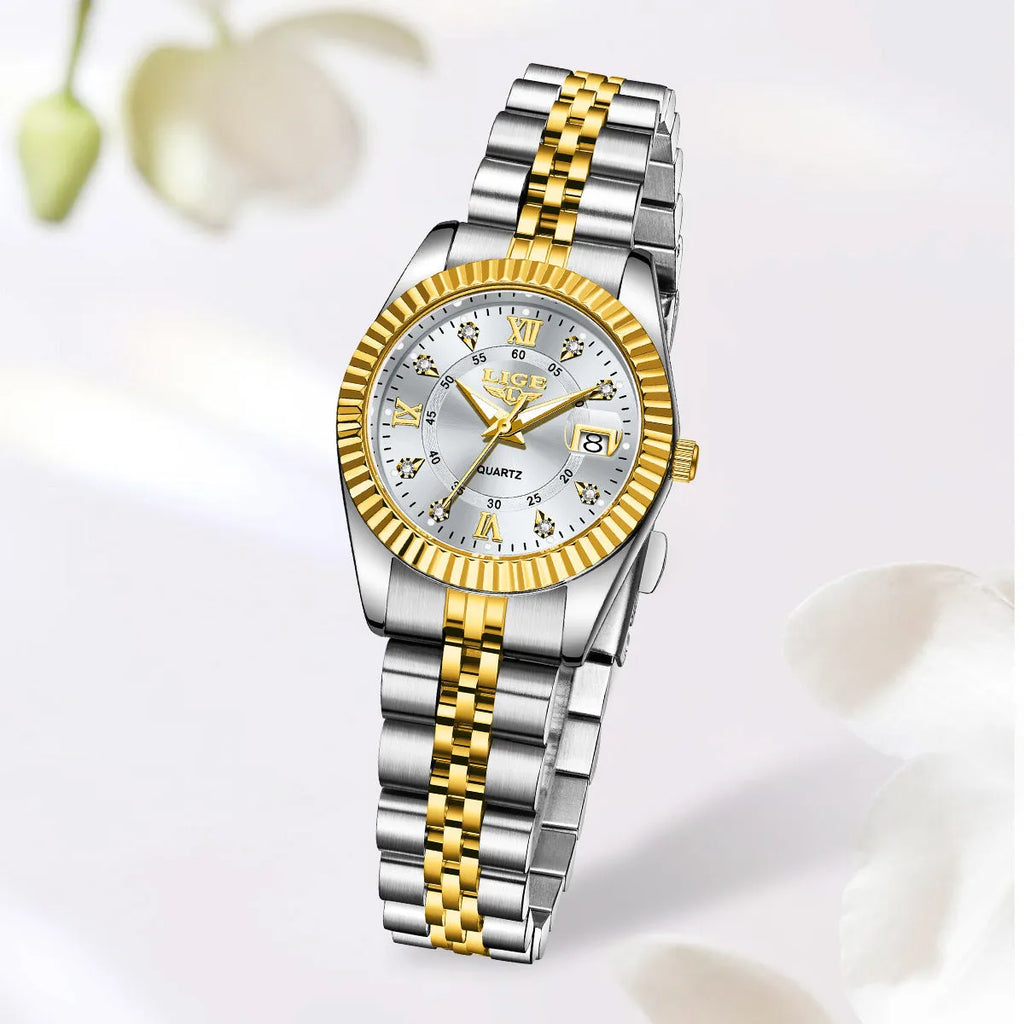 Women's waterproof quartz fashion watch with a 10mm thick case in a gold and black colour variant.