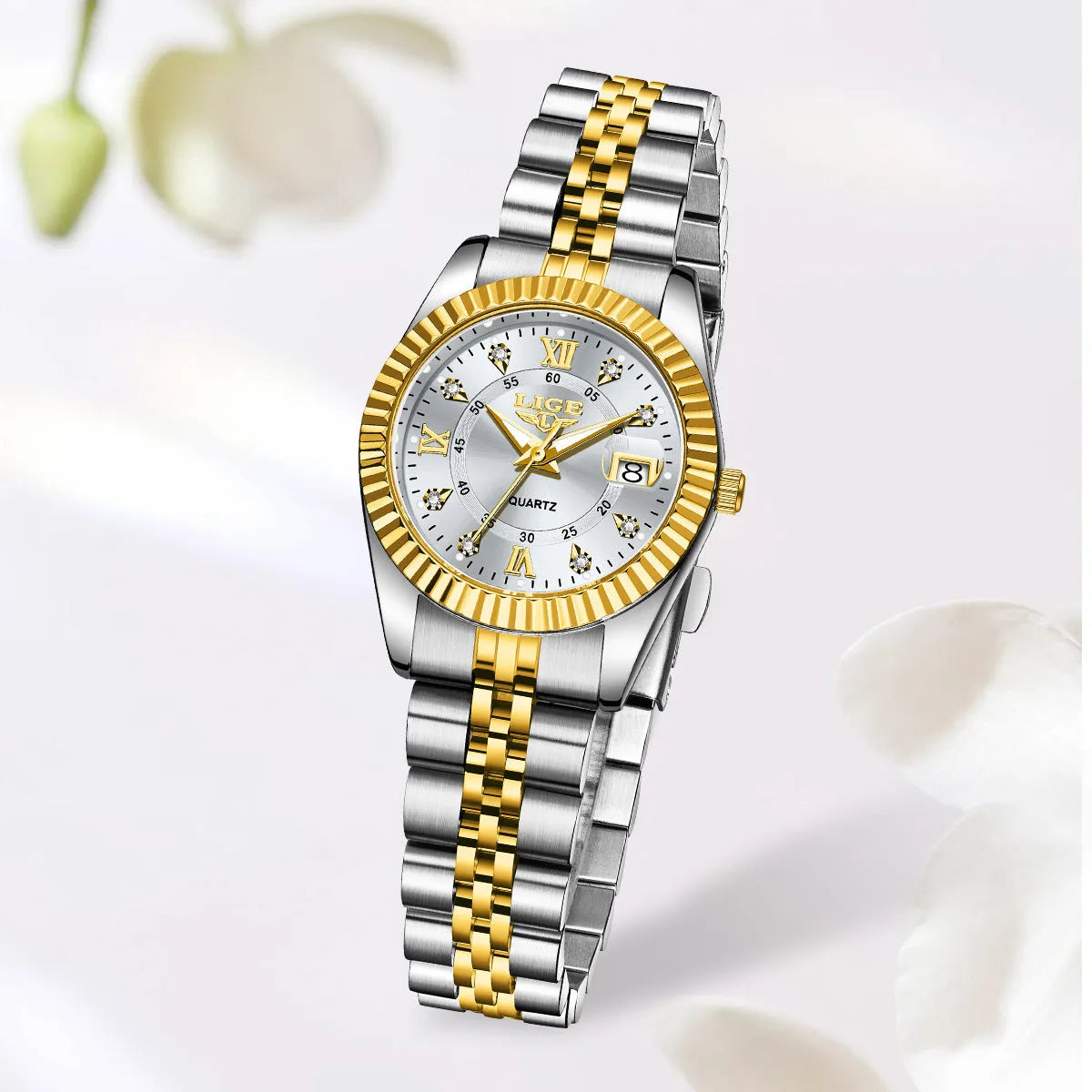Women's waterproof quartz fashion watch with a 10mm thick case in a gold and black colour variant.