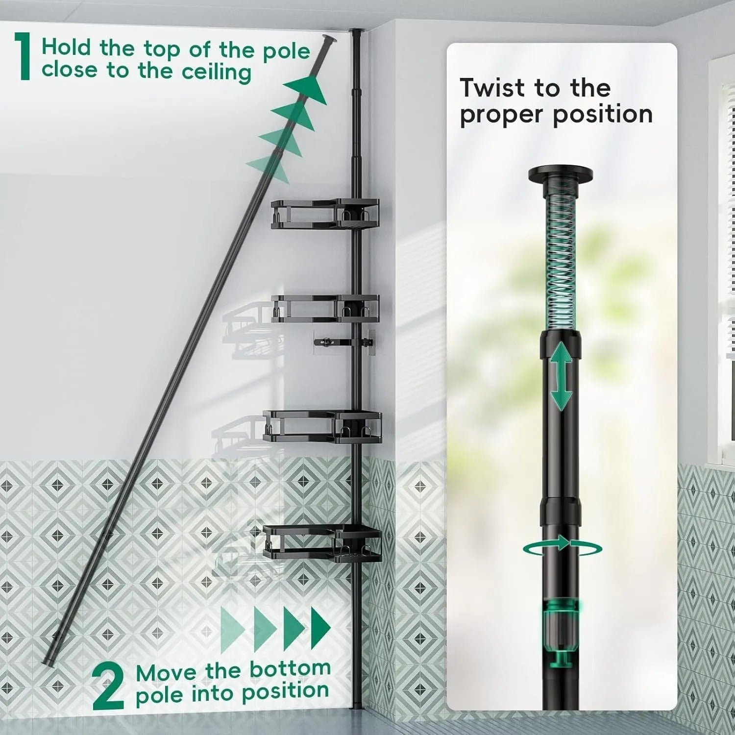 Retractable bathroom storage rack with four tiers and hole-free installation