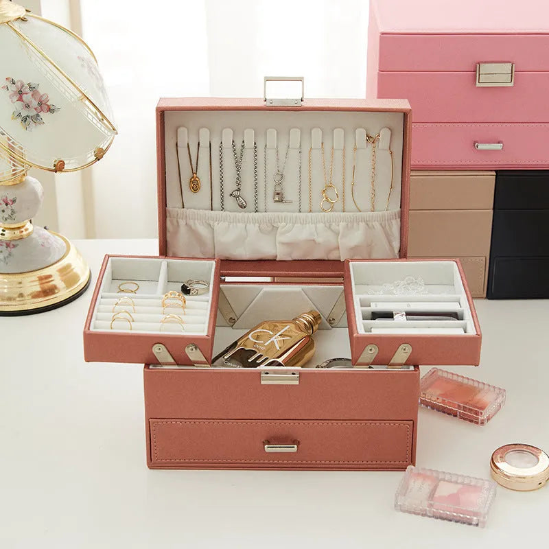 European style leather jewellery storage box in hard case design with solid colour exterior