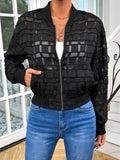 Black women's geometric pattern semi-transparent polyester zipper jacket with long sleeves