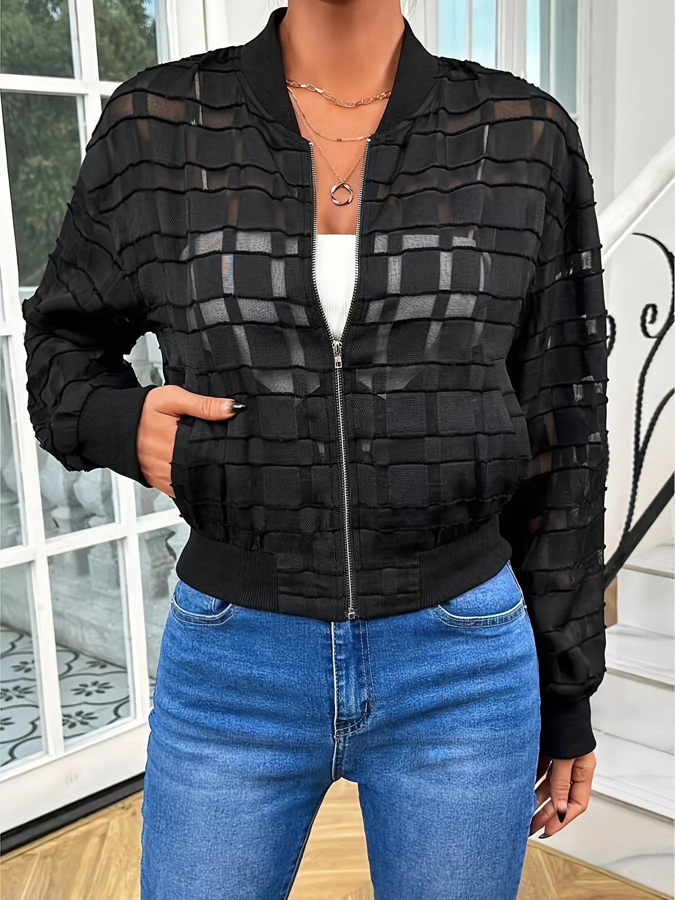 Black women's geometric pattern semi-transparent polyester zipper jacket with long sleeves