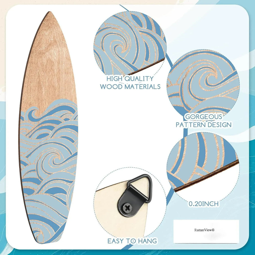 Three wooden surfboard-shaped wall decorations in boxwood with European style design