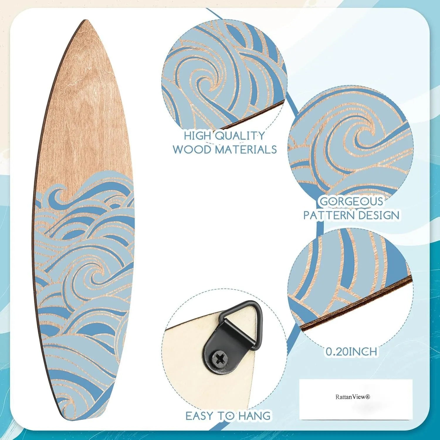 Three wooden surfboard-shaped wall decorations in boxwood with European style design