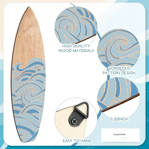 Three wooden surfboard-shaped wall decorations in boxwood with European style design