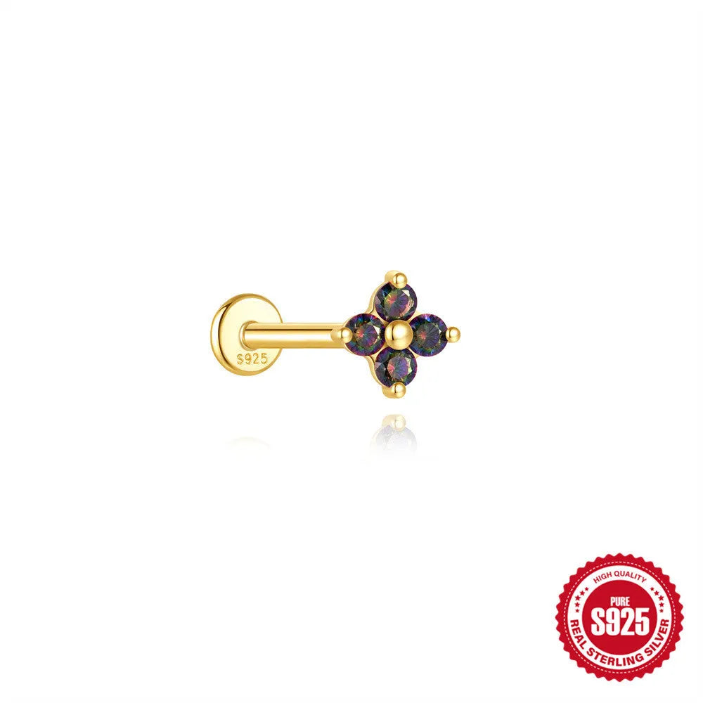 S925 sterling silver piercing earrings with super shiny rainbow stone and flat head thread in gold colour