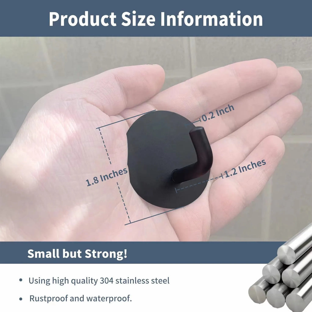 Stainless steel self-adhesive wall hook in black and polished finishes for bathroom or kitchen.