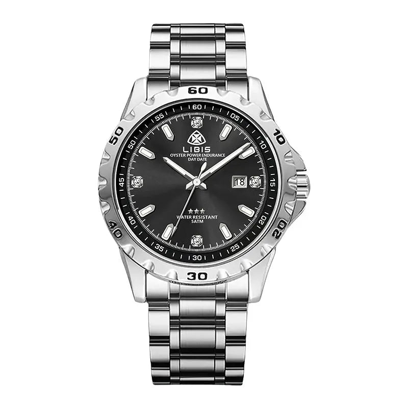 Silver men's business watch with stainless steel strap and choice of black or grey dial.