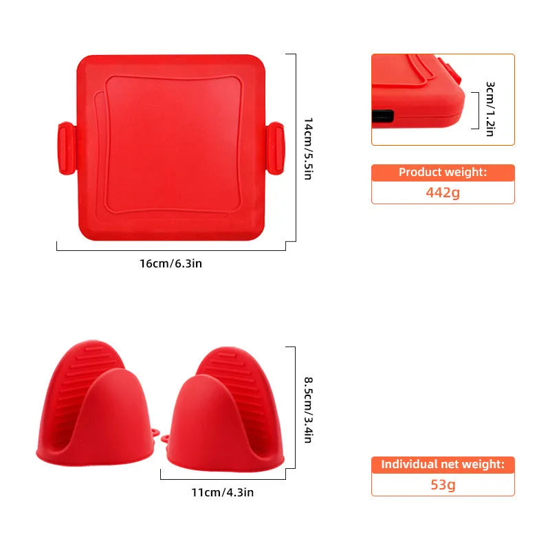 Red silicone baking tray with a large integrated handle and a pair of detachable blue baking gloves.