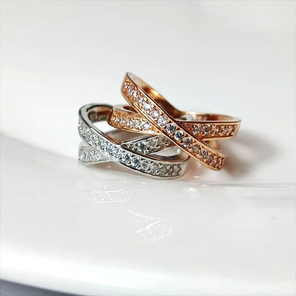 Copper cross ring with micro-inlaid zircon detailing in silver or rose gold electroplating
