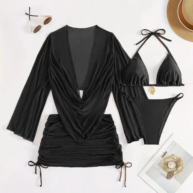 Women's dark brown backless bikini set with lace-up tie, laid flat.