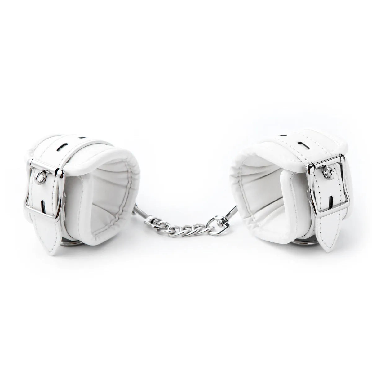 White PU sponge bondage set showing handcuffs, foot cuffs, and neck cuff for adult restraint