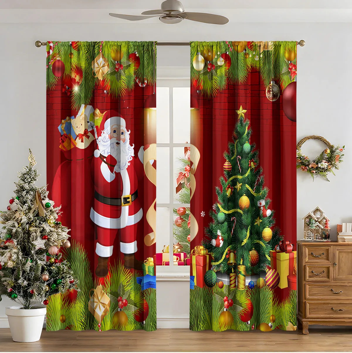 3D digitally printed Christmas curtain with modern simplicity design showing festive imagery